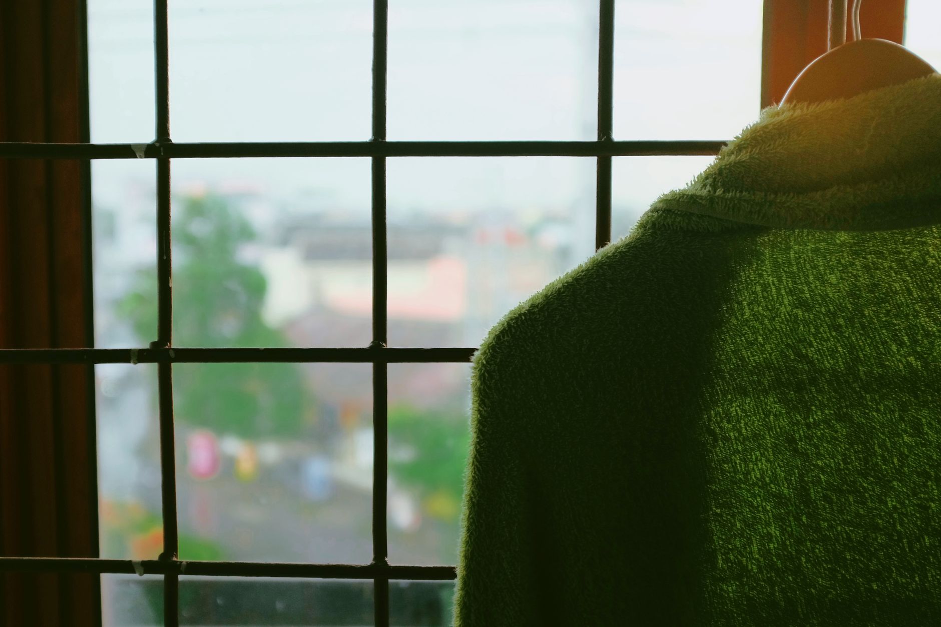 Green bathrobe hanging on a clothes hanger by a window with a city view.