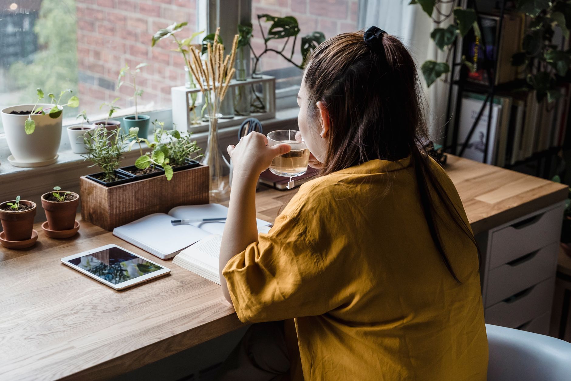 A woman sits at a desk drinking tea, surrounded by plants in a sunlit home office.