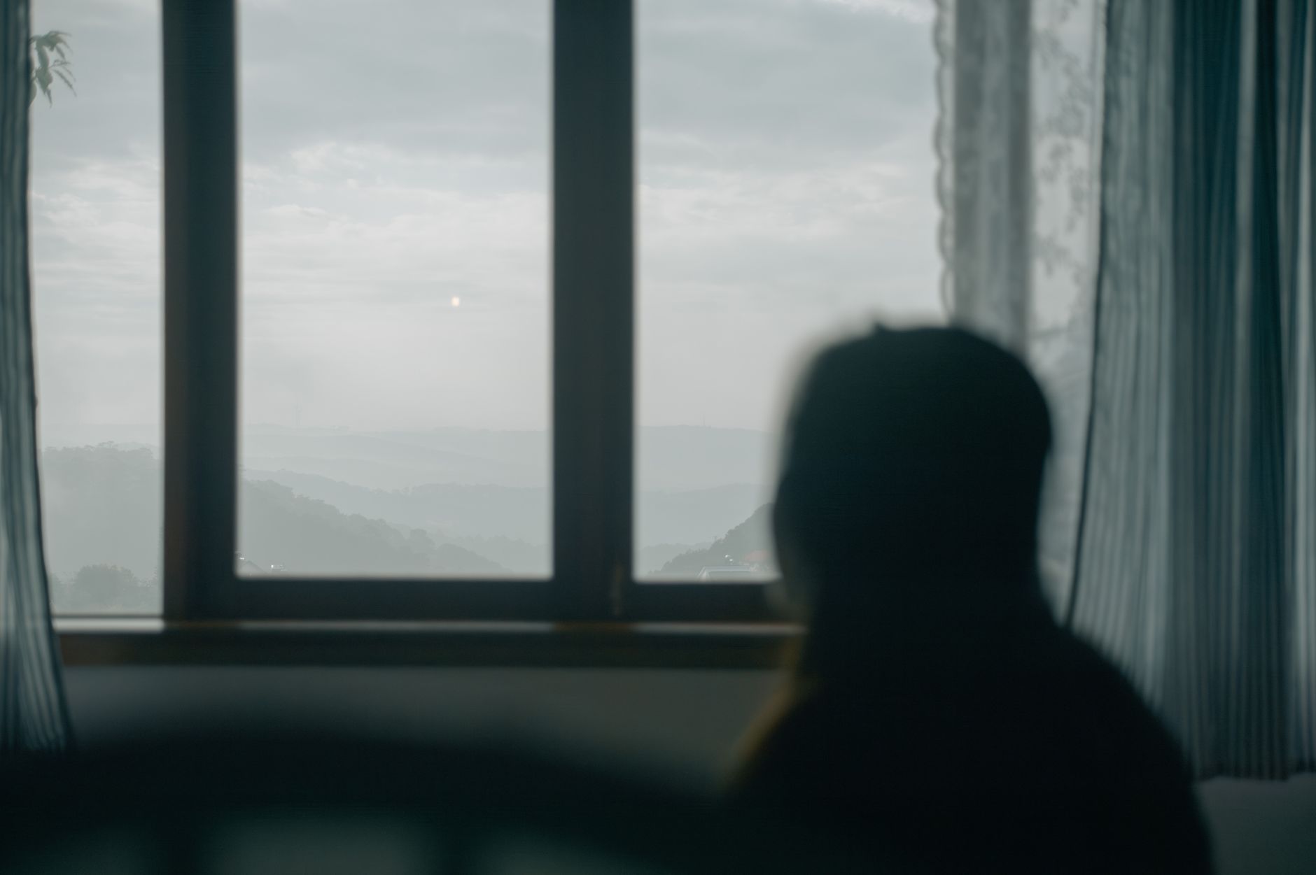 A silhouette of a person looking out a window at a misty, serene landscape. A scene evoking calm and contemplation.